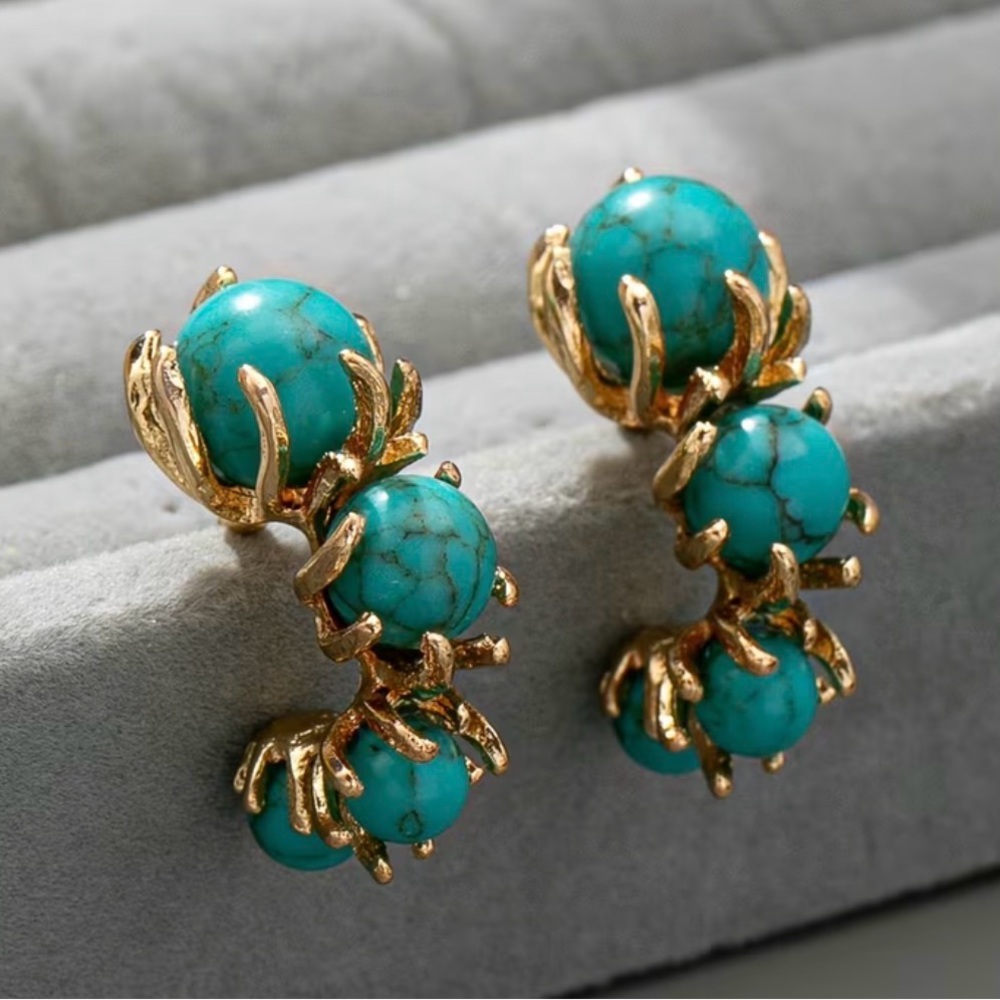 Turquoise Stone Drop Earrings with Gold Accents 14k gold plated